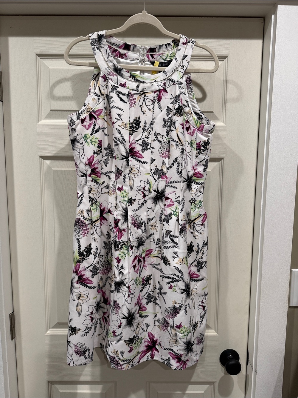 White House Black Market White Floral Sleeveless Dress with Pink & Green Accents